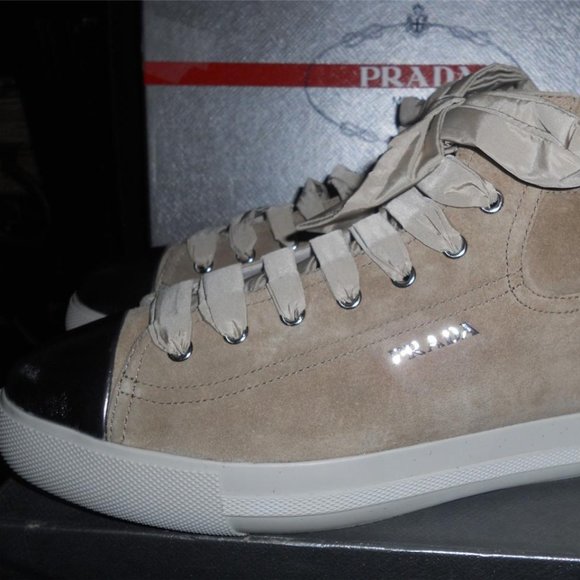 PRADA Beige Suede Ribbon High Top Metallic Cap Toe Lace Up Sneakers Shoes - Picture 9 of 14